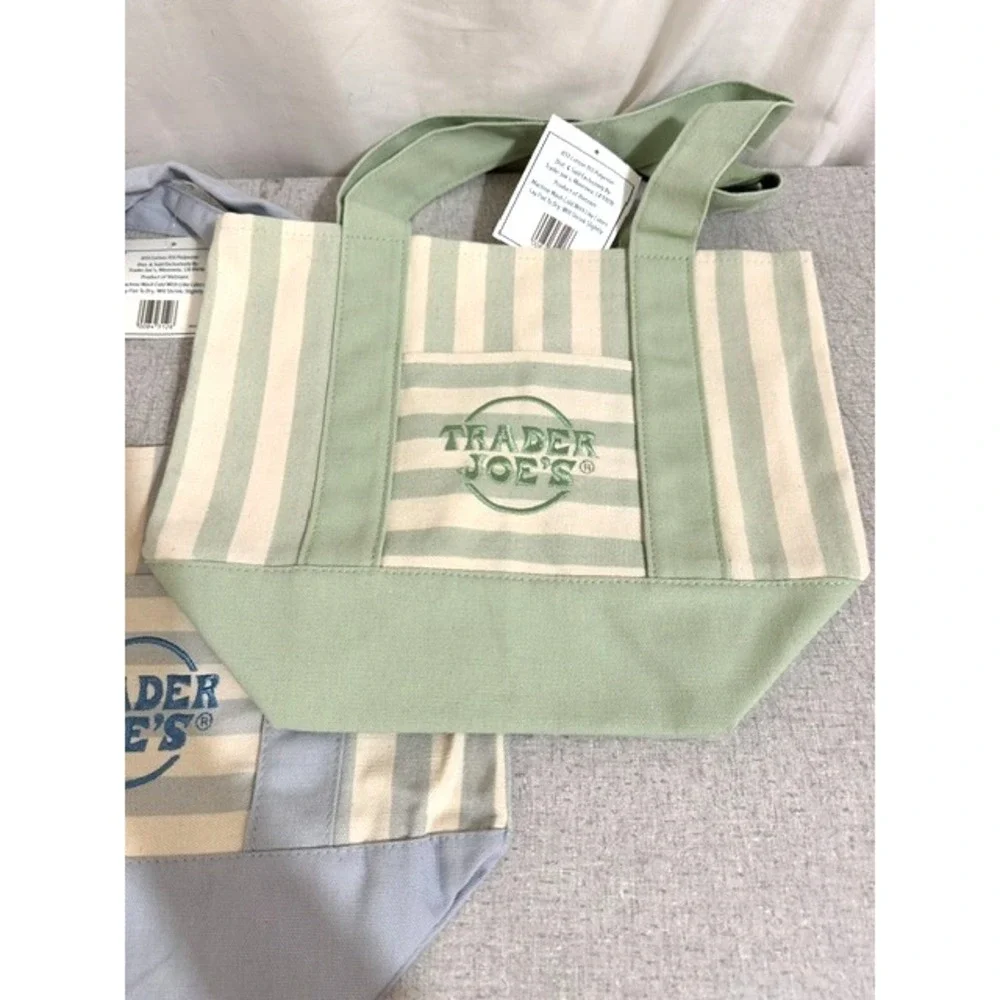 Lot of 3 Trader Joes Mini Canvas Tote Bags Blue, Green, Black/Purple BNWT